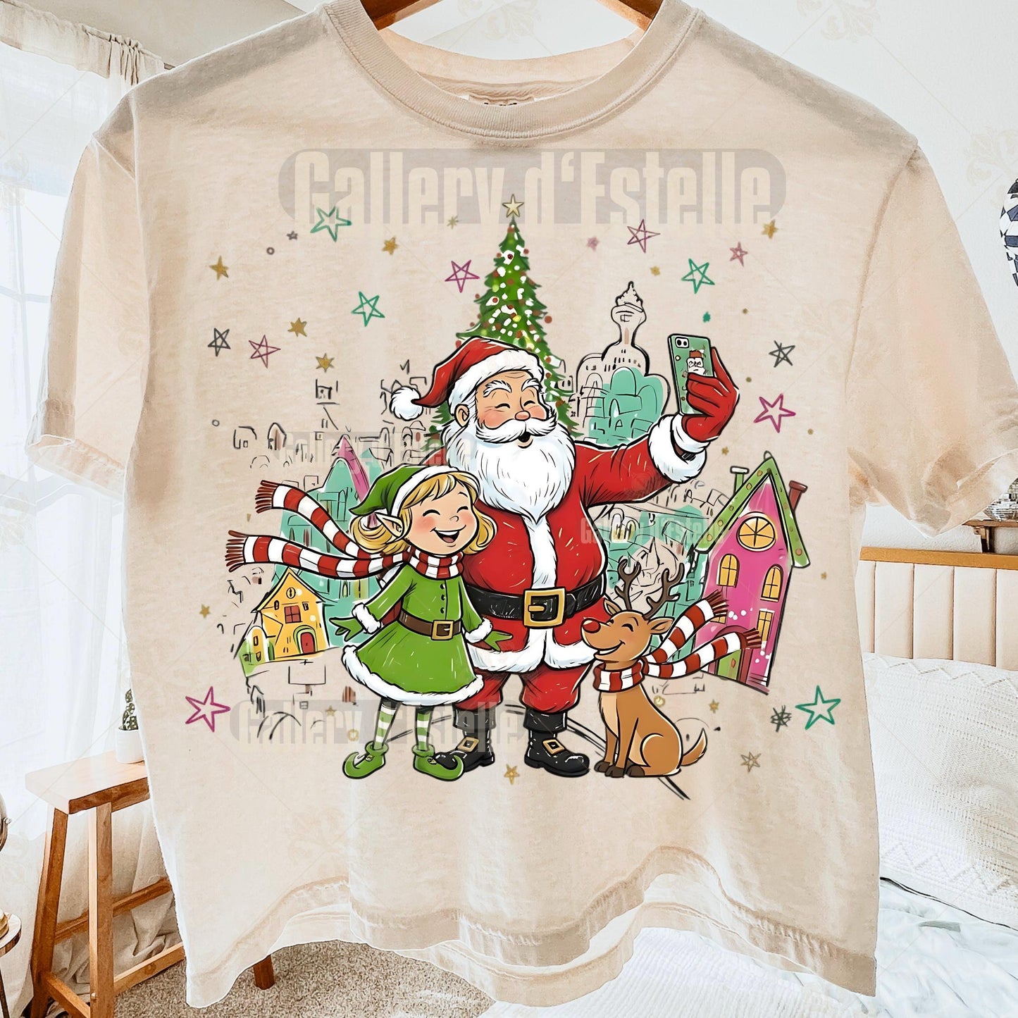 Retro Christmas Town PNG, Whimsical Santa and Elf Graphic, Preppy Holiday Scene Design, Festive Shirt Sublimation