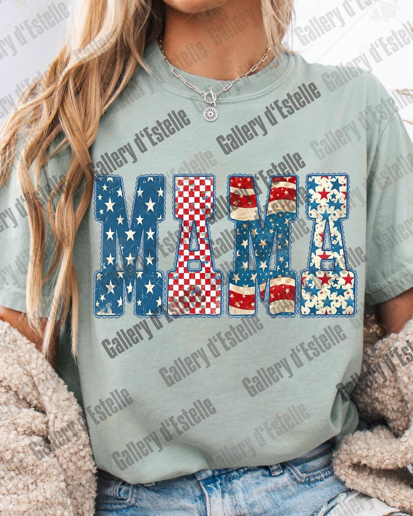 Preppy Patriotic Mama PNG, Retro Americana Checkered Graphic, Trendy 4th of July Mom Shirt Design