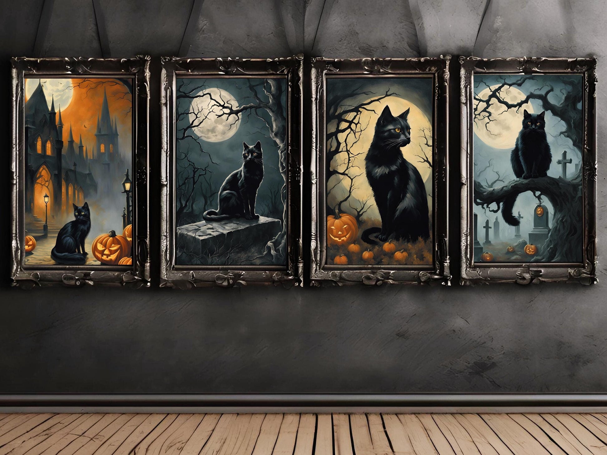 Haunted Black Cats Wall Art Set, Eerie Feline Dark Aesthetic Prints for Gothic Halloween Decor