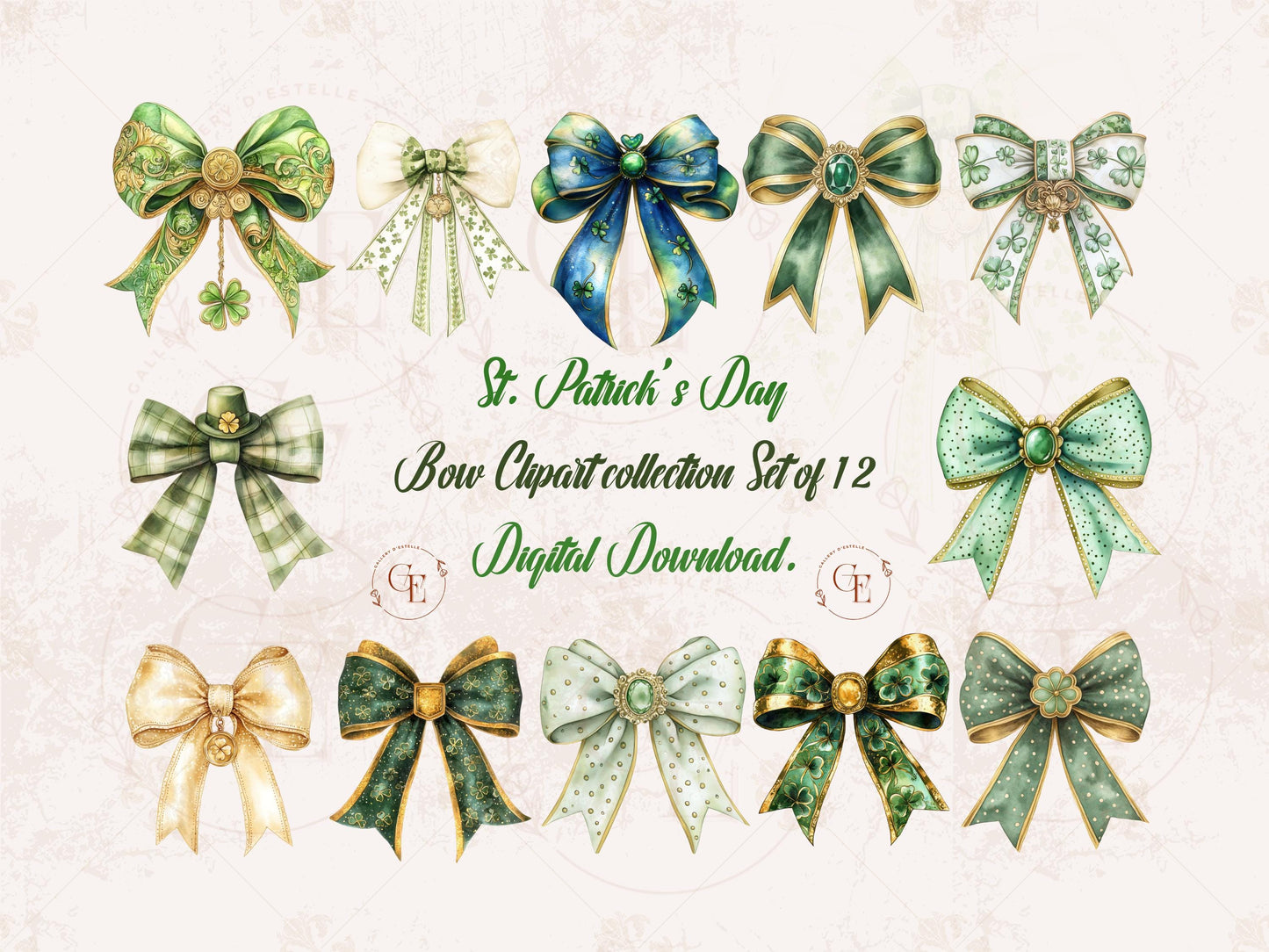 St. Patrick’s Day Bow Clipart Set, Glittery Coquette Lucky Clover Design Bundle