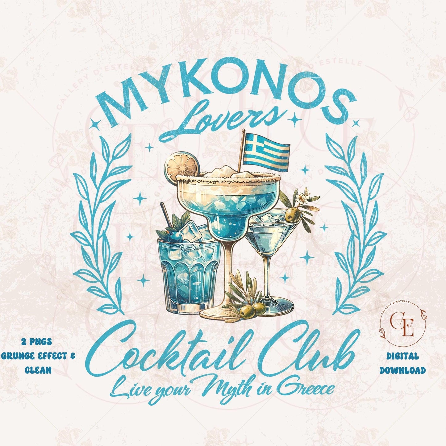 Digital Summer Design with the phrase 'Mykonos Lovers Cocktail Club' with cocktails and Greek flag on a light background.