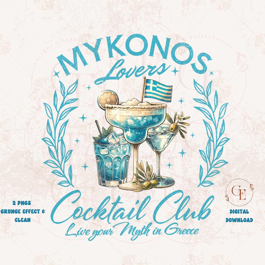 Digital Summer Design with the phrase 'Mykonos Lovers Cocktail Club' with cocktails and Greek flag on a light background.
