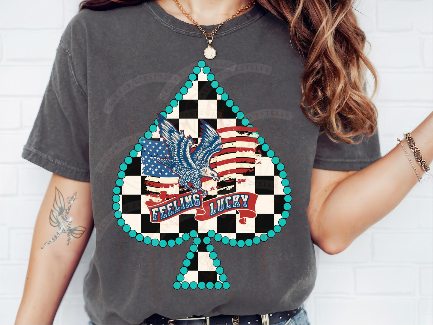 4th of July Feeling Lucky PNG, Western Patriotic Cowgirl Casino Art, Checkered Turquoise Spade Graphic, Trendy Independence Day Shirt Design