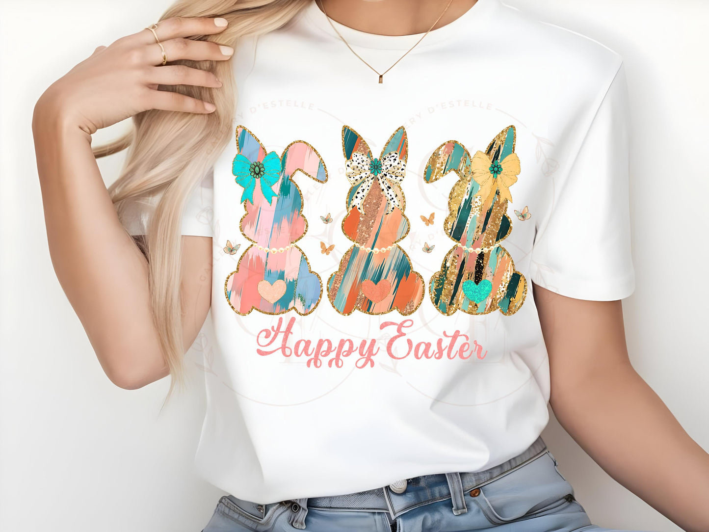 Coquette Easter Bunnies PNG, Gold Pink Brushstroke Art, Happy Easter Graphic, Trendy Country Shirt Design