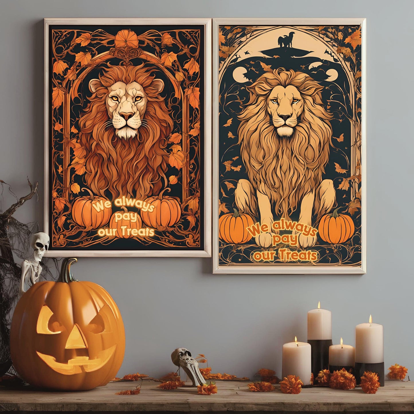 Halloween Lions Wall Art Bundle, "House Trickster" Spooky Decor and Art Nouveau Decoration for Halloween