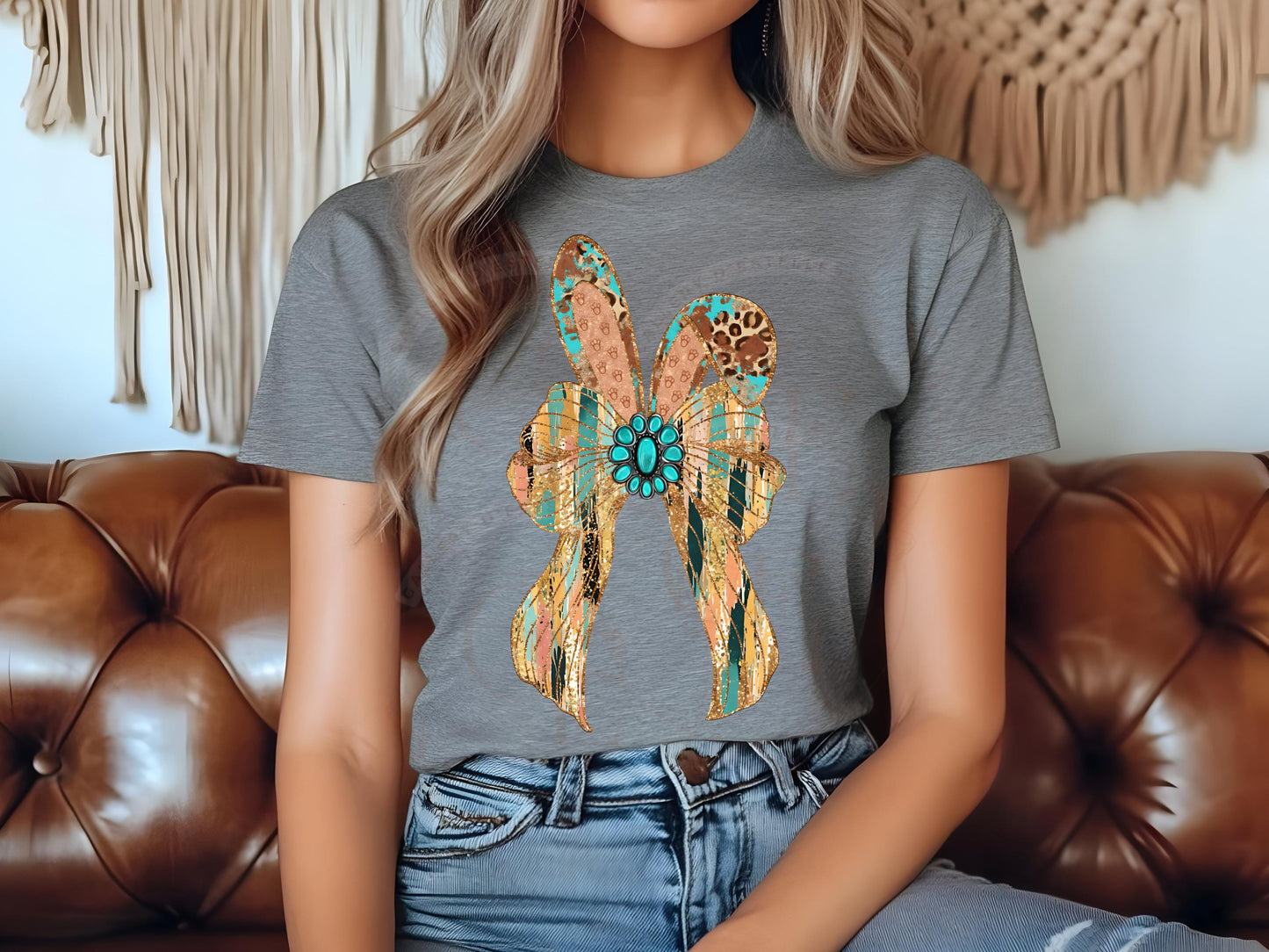 Western Coquette Glitter Bow PNG, Gold Brushstroke Easter Bunny Graphic, Trendy Cowgirl Shirt Design