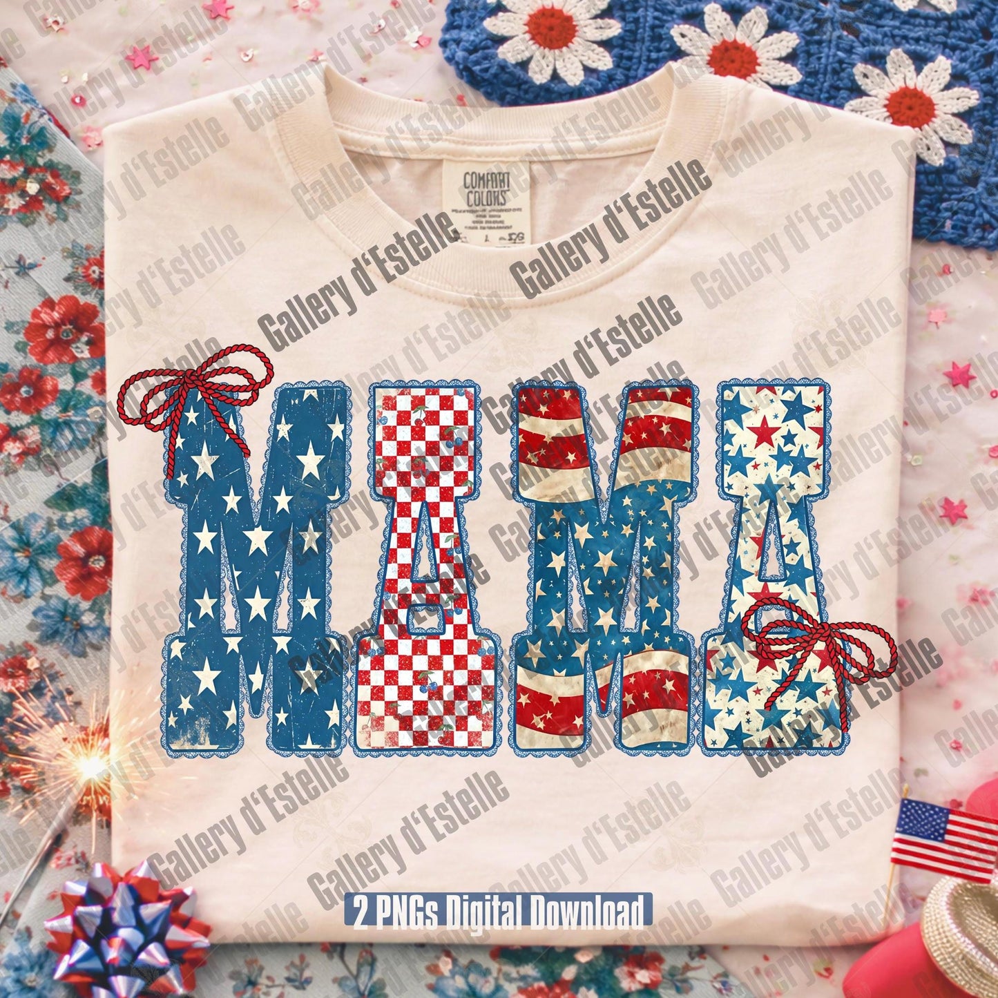 White t-shirt with 'MAMA' design featuring American flag patterns on a floral background.