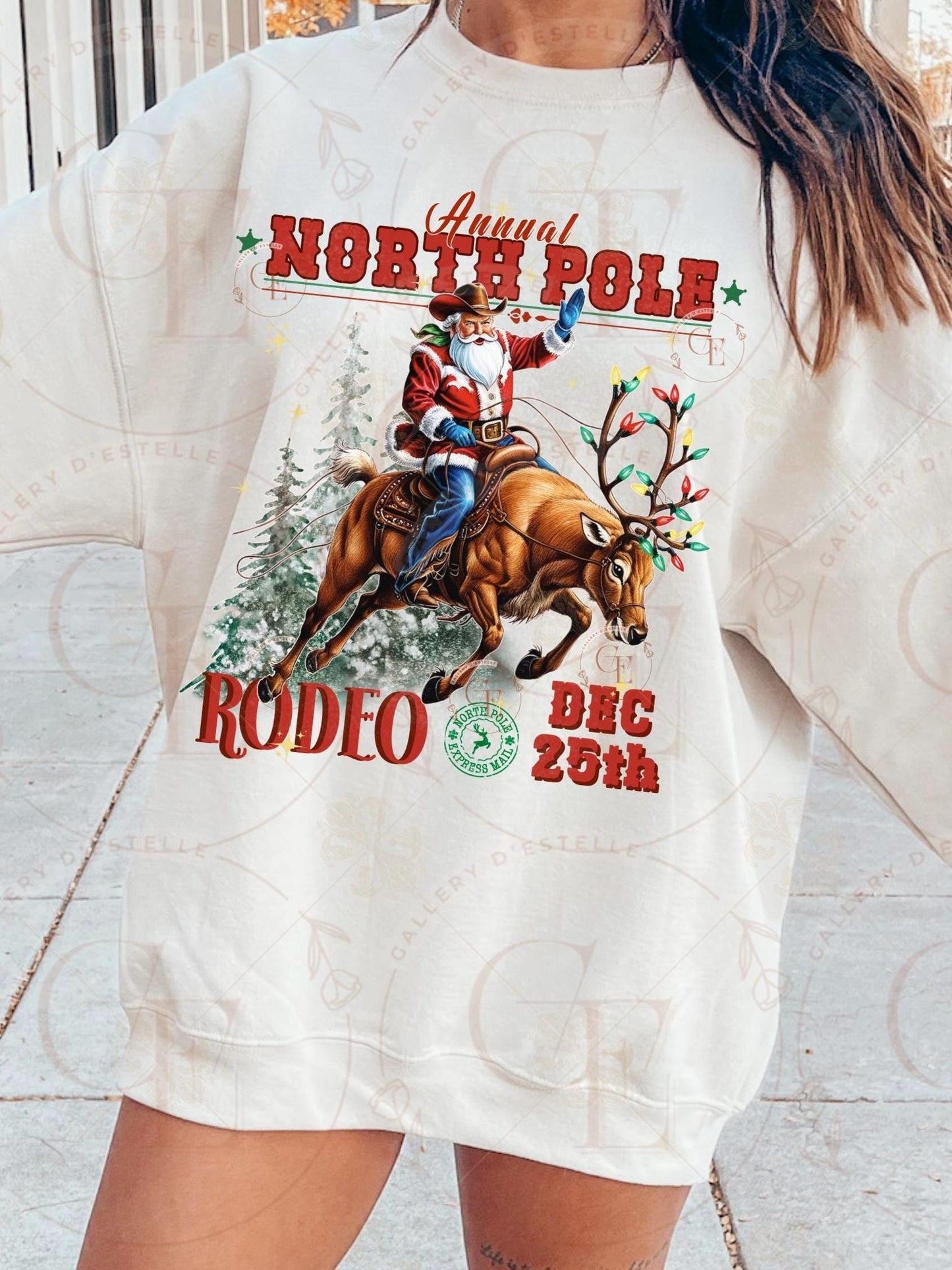 North Pole Rodeo Western PNG, Retro Santa Riding Reindeer Graphic, Vintage Cowboy Christmas Design, Trendy Holiday Country Shirt Sublimation