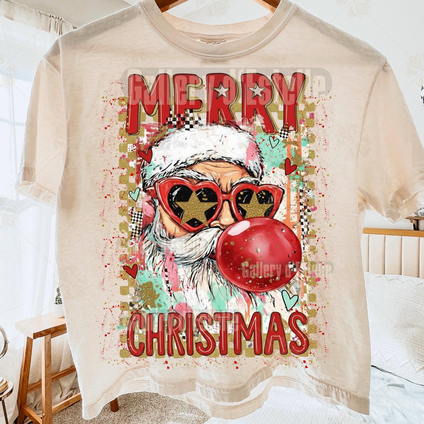 Preppy Merry Christmas PNG, Retro Glitter Santa Bubble Design, Coquette Holiday Graphic, Trendy Christmas Shirt Sublimation