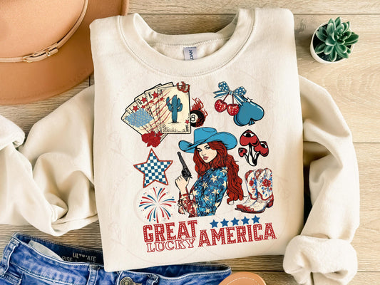 Great America Lucky PNG, Western Patriotic Cowgirl Casino Collage, Lucky 4th of July Country Shirt Design