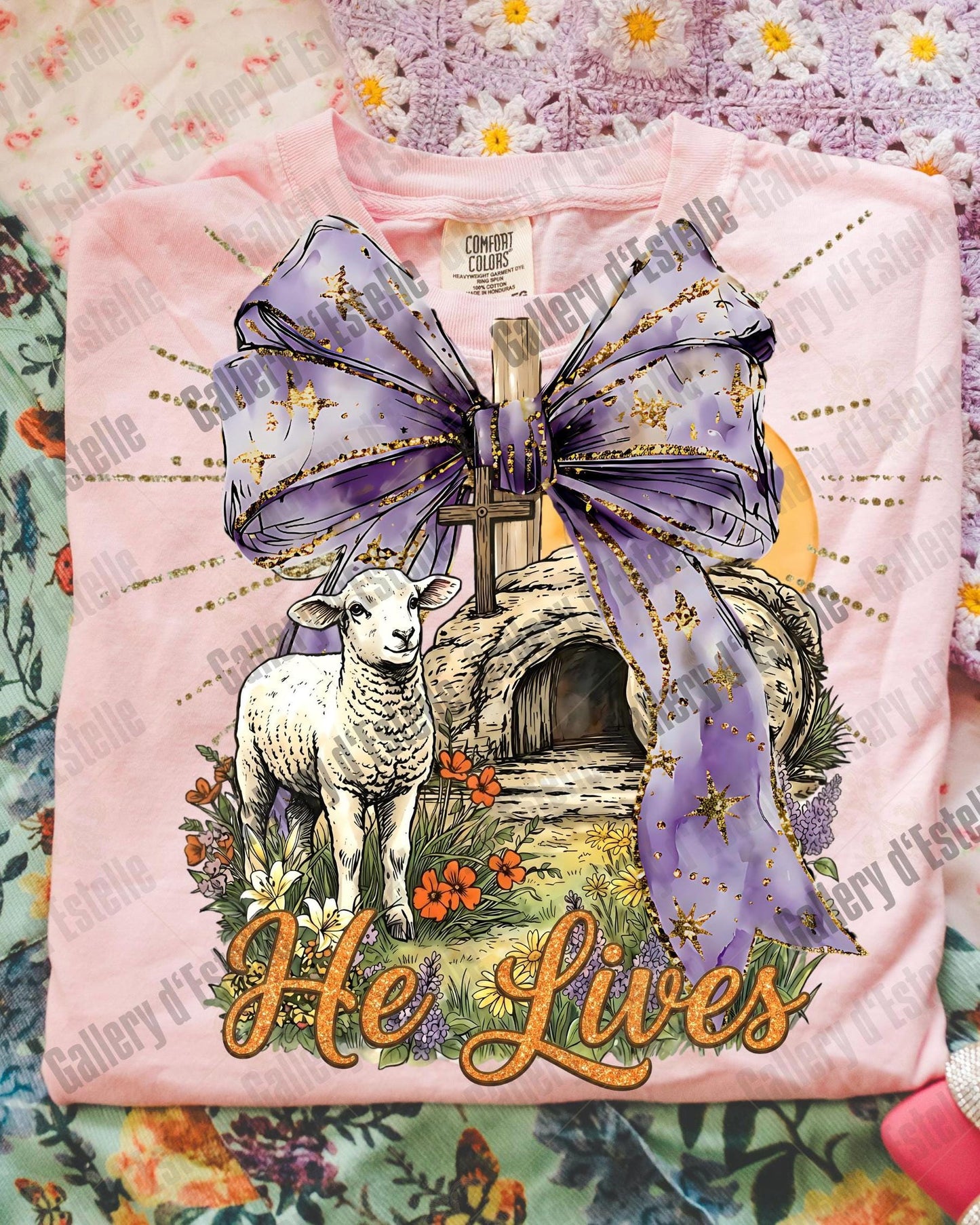 He Lives Easter PNG, Preppy Christian Resurrection Art, Retro Religious Lamb Graphic, Coquette Faith Shirt Design