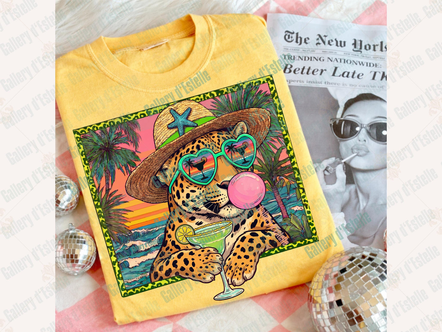 Leopard Summer PNG, Retro Coastal Cheetah Margarita Graphic, Trendy Tropical Beach Shirt Design