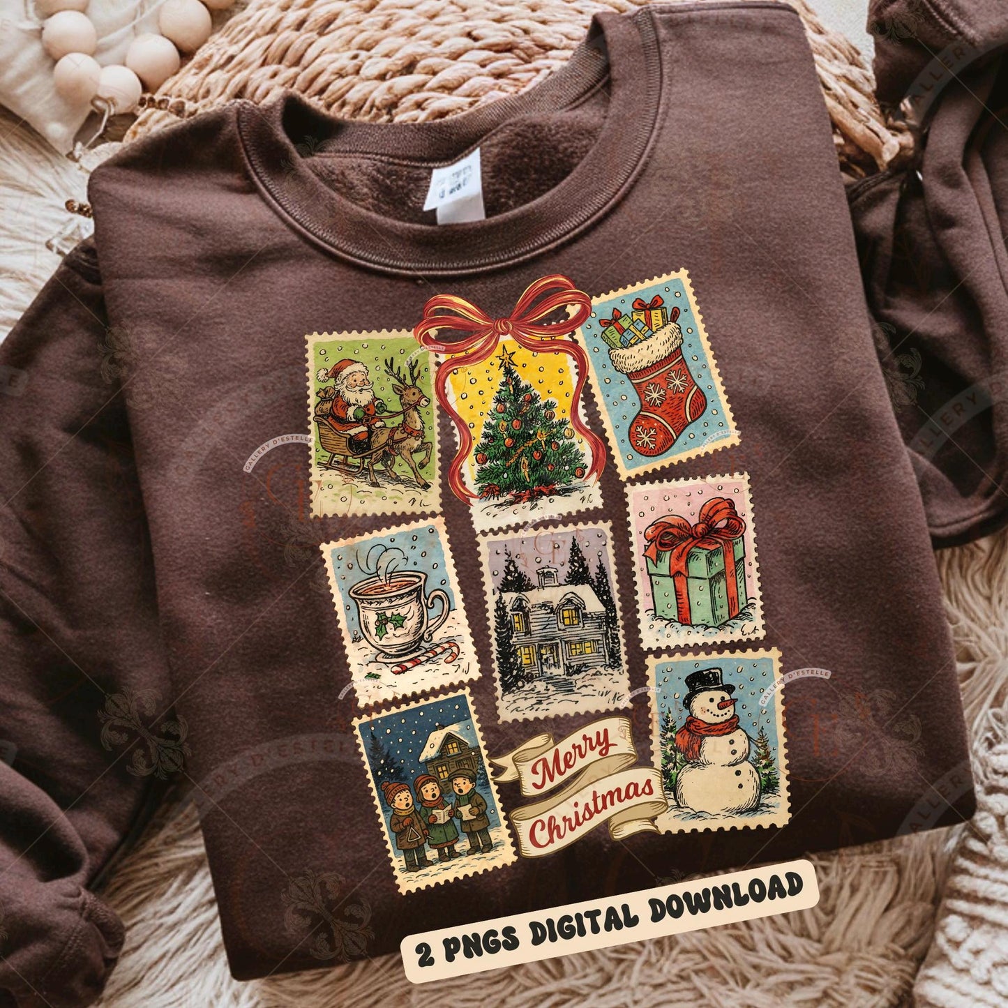 Brown sweatshirt with Christmas-themed stamps design on a textured surface