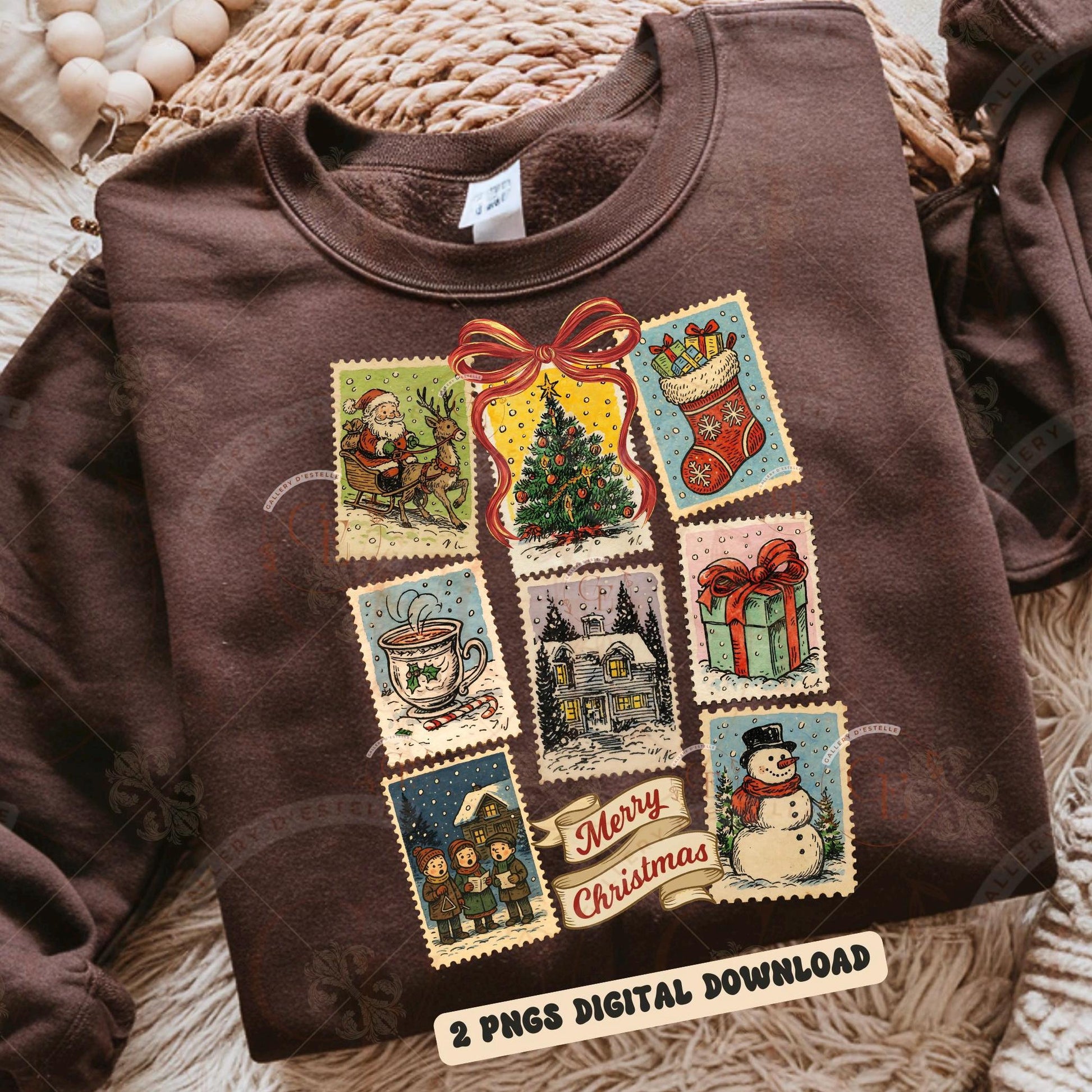 Brown sweatshirt with Christmas-themed stamps design on a textured surface