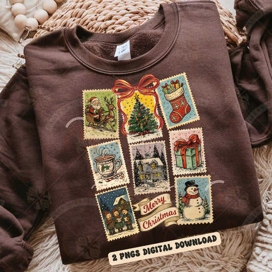 Vintage Christmas Stamp PNG, Retro Holiday Postage Collage, Cute Festive Winter Graphic, Trendy Christmas Shirt Design