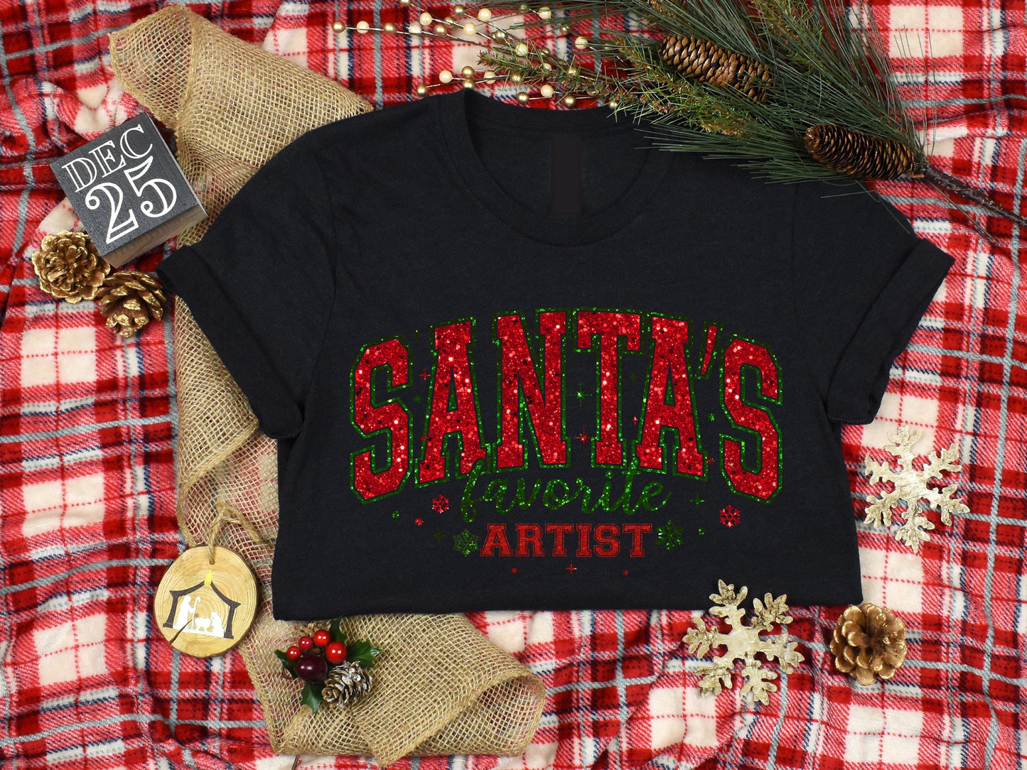 Santa's Favorite Artist PNG, Glitter Retro Christmas Graphic, Festive Santa Claus Shirt Design
