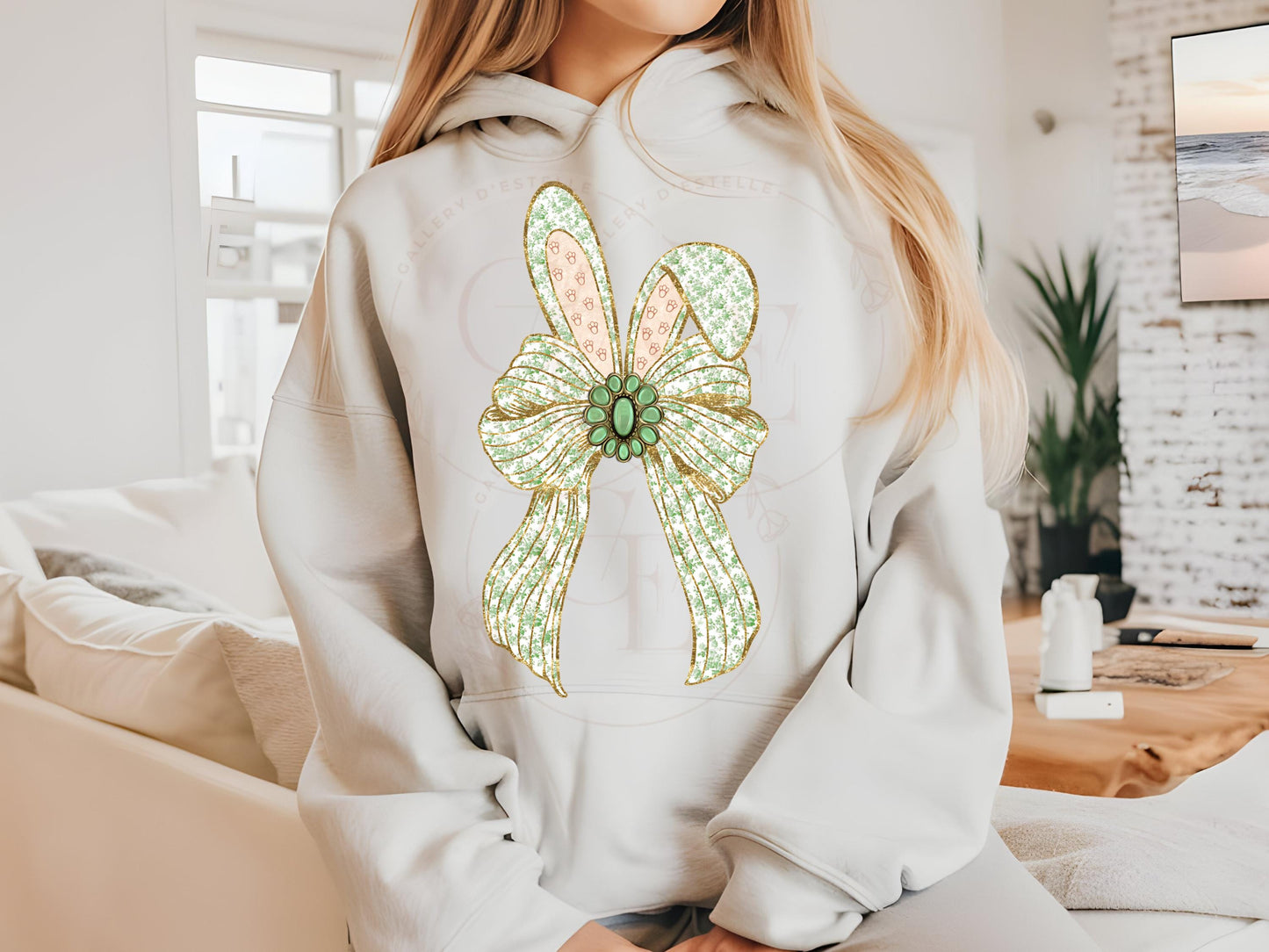 Coquette Easter Bunny Bow PNG, Green French Toile Glitter Graphic, Country Chic Shirt Design