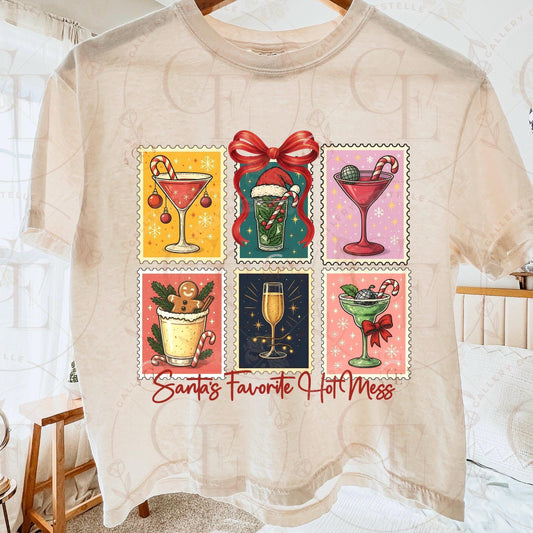 Retro Coquette Christmas Stamp PNG, Festive Santa Cocktail Collage, Holiday Spirit Drinks Graphic, Trendy Girl Christmas Shirt Design
