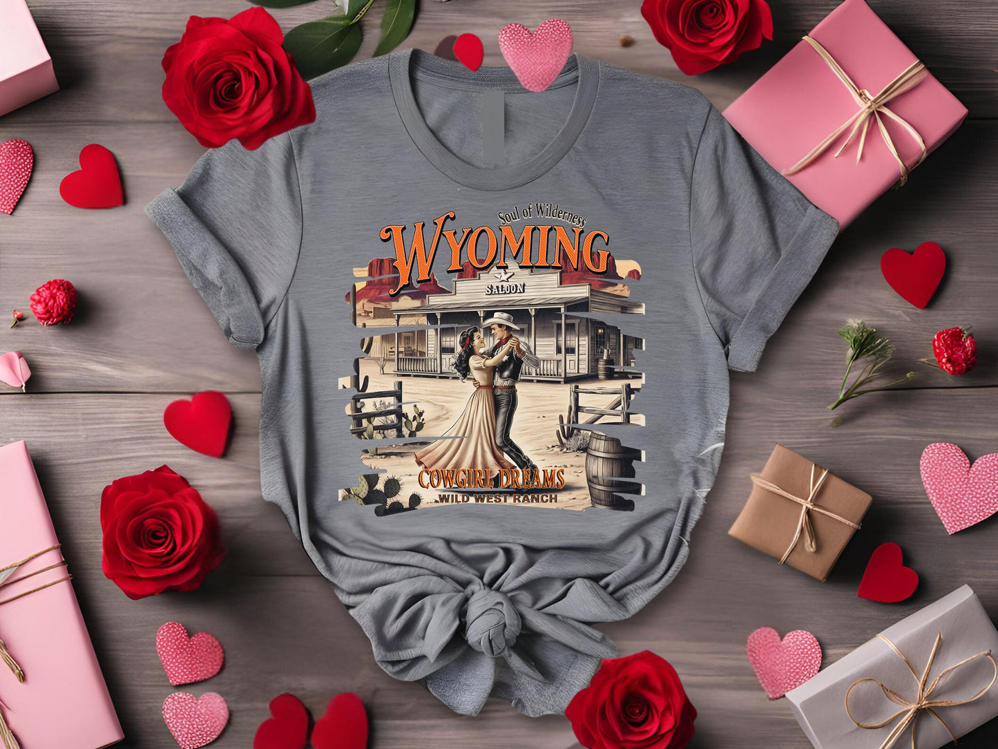 Vintage Wyoming Love PNG, Wild West Cowboy & Cowgirl Romance Graphic, Western Valentine's Shirt Design