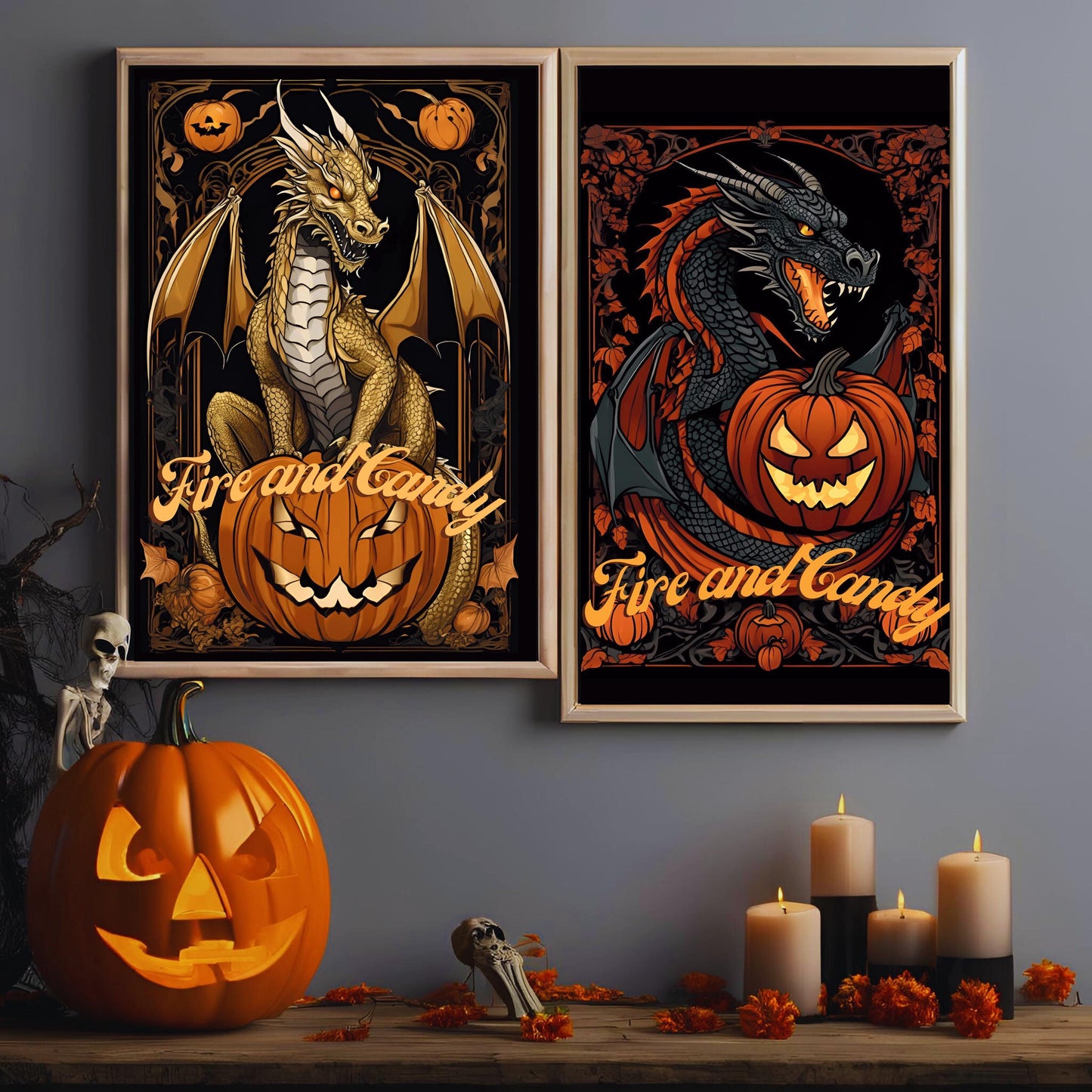 Halloween Dragons Wall Art Bundle-"House Spookaryen", Spooky Art Nouveau Prints for Halloween Decoration