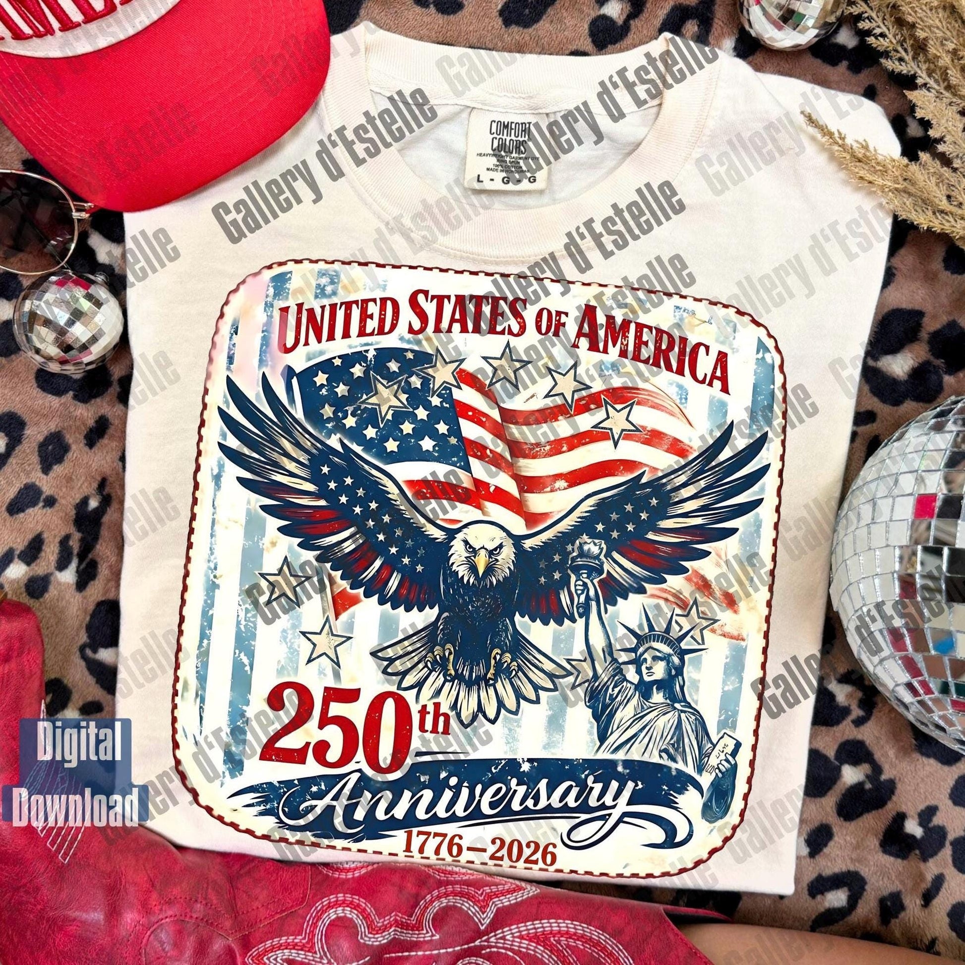 T-shirt with American flag and eagle design on a patterned surface