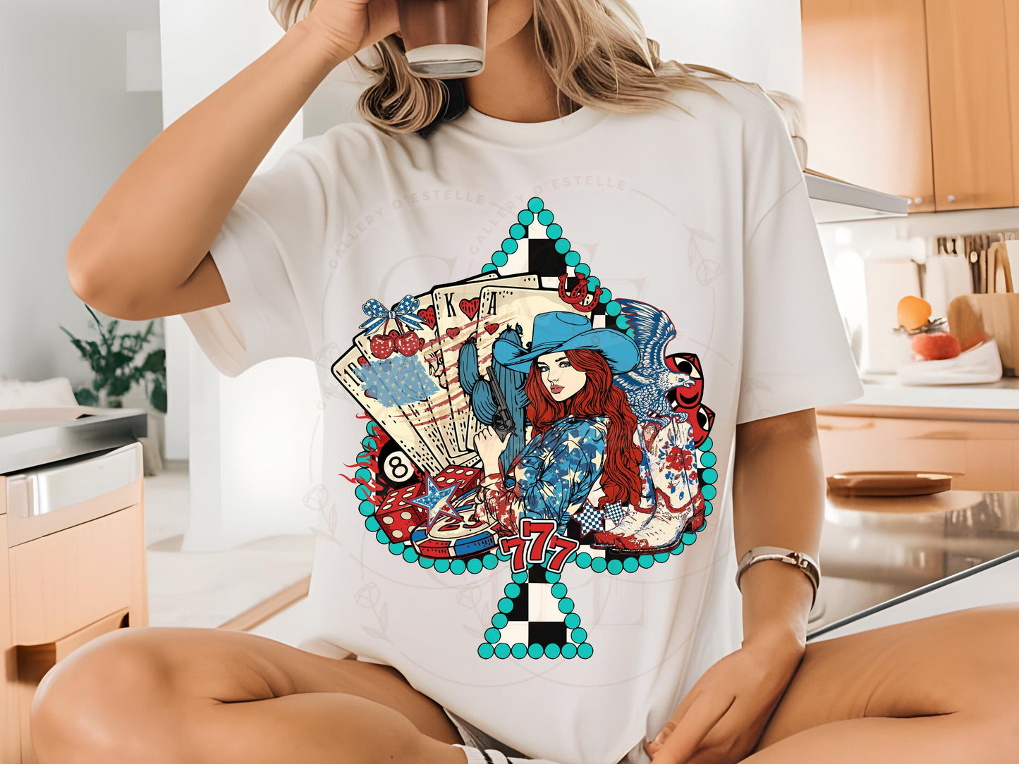4th of July Feeling Lucky PNG, Western Patriotic Cowgirl Casino Art, Checkered Turquoise Spade Graphic, Trendy Independence Day Shirt Design