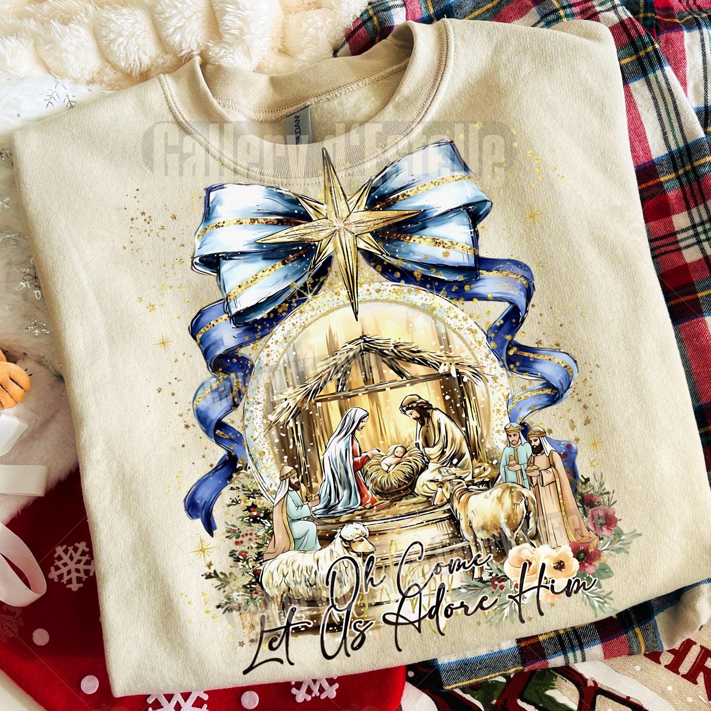 Coquette Nativity Scene PNG, Let Us Adore Him Christian Graphic, Glitter Christmas Sublimation, Cute Holiday Shirt Design