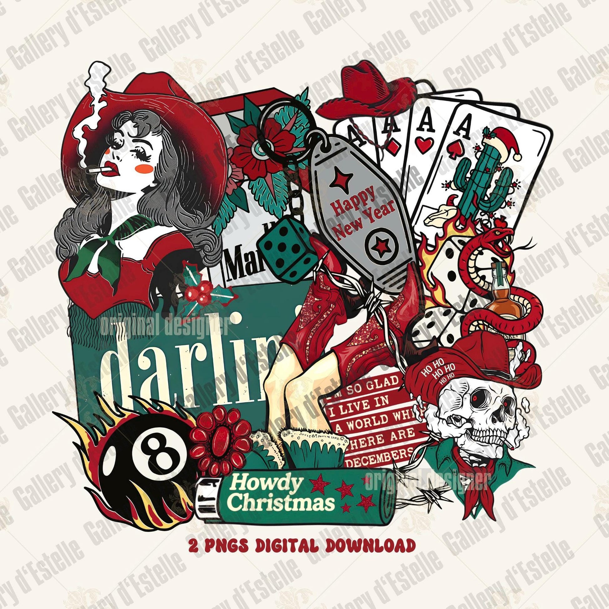 Western Christmas Collage Illustration with a cowgirl in a red hat, playing cards, casino elements and text on a white background.