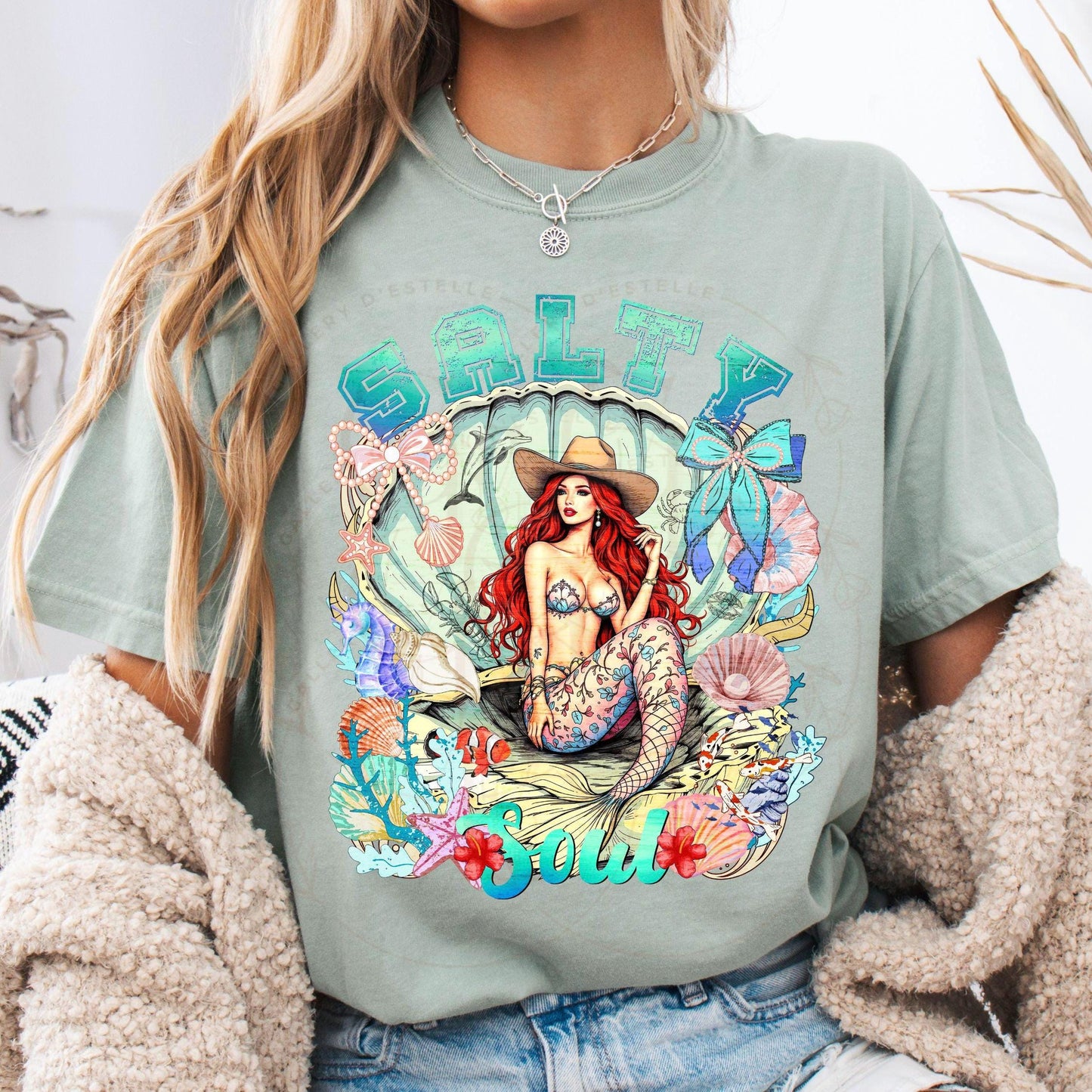 Salty Soul PNG, Coquette Cowgirl Mermaid Graphic, Coastal Summer Girl Art, Western Beach Shirt Design