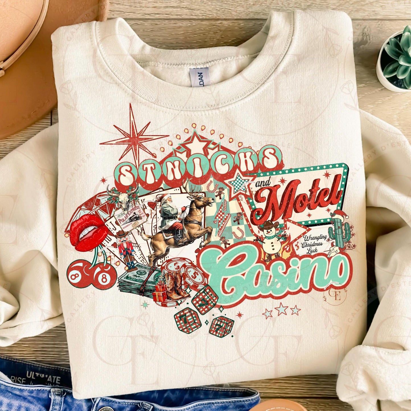 St. Nick's Casino and Motel Western Collage PNG, Retro Vegas Christmas Graphic, Edgy Cowboy Santa Casino Art, Country Holiday Shirt Design