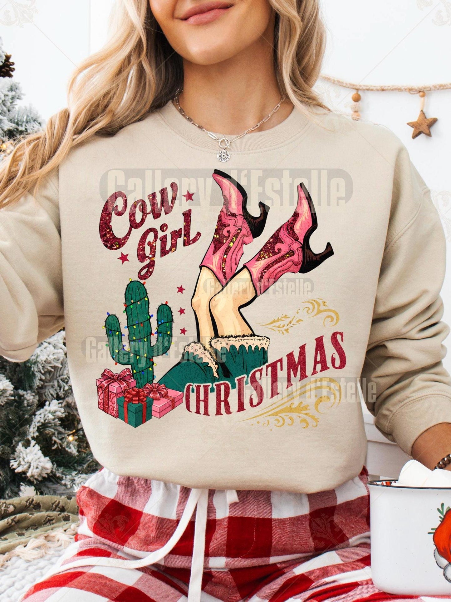 Preppy Cowgirl Christmas PNG, Retro Western Boots Holiday Graphic, Festive Country Shirt Design