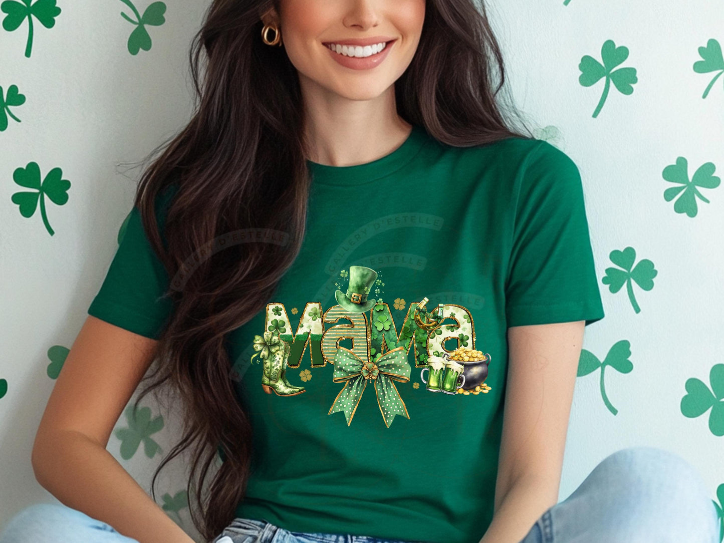 Mama Mini PNG, Glittery Coquette St. Patricks Day Graphic, Lucky Irish Charm Bow Art, Trendy Girl Shirt Design