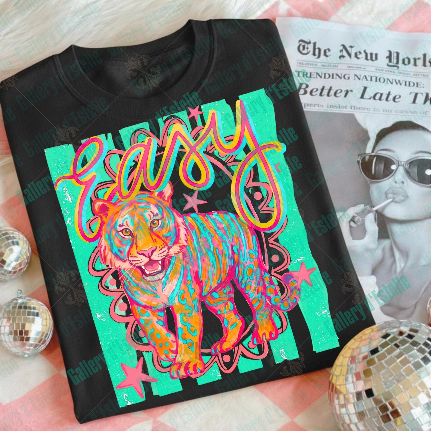 Preppy Easy Tiger PNG, Retro Summer Stripes Graphic, Funny Colorful Beach Shirt Design