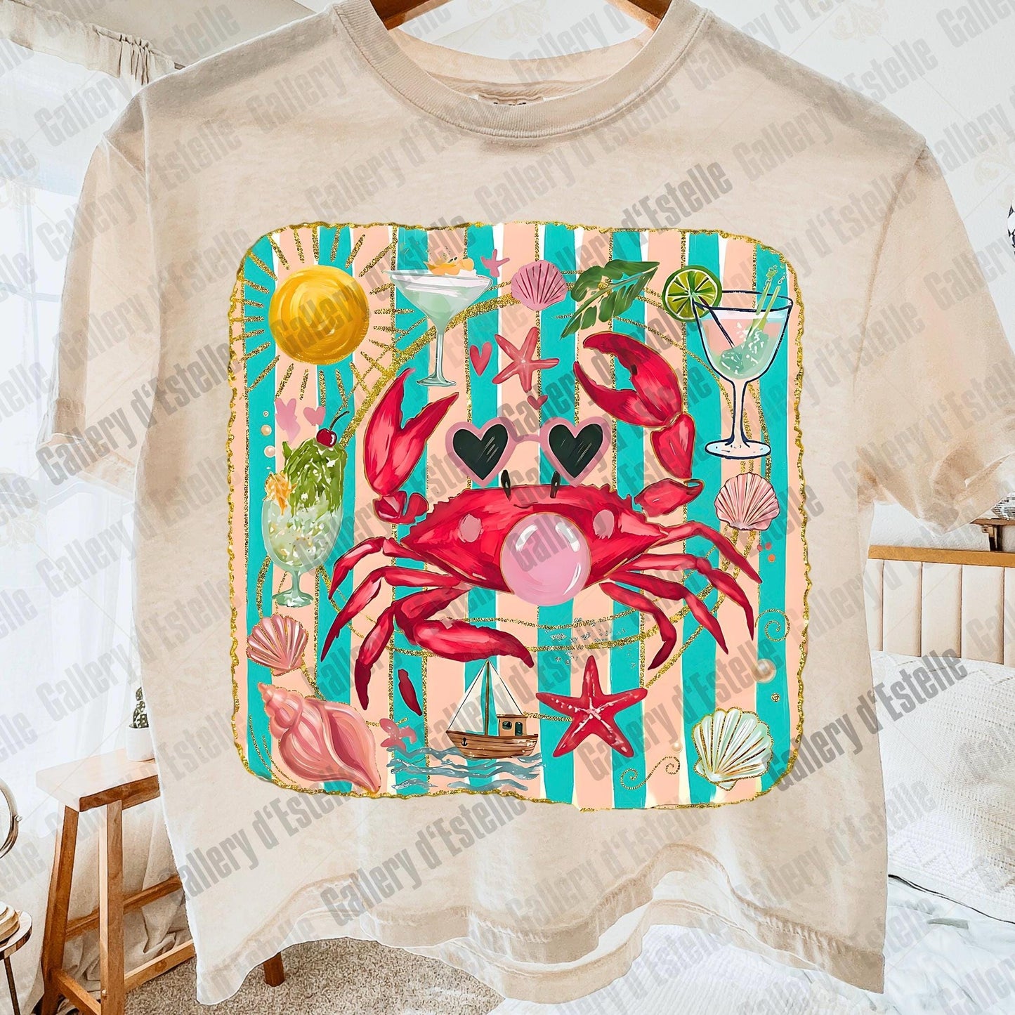 Crab Blowing Bubble PNG, Coquette Coastal Crab Graphic, Trendy Summer Beach Shirt Design
