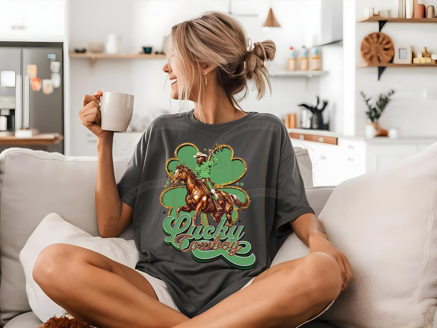 Lucky Cowboy PNG, St. Patricks Day Western Graphic, Retro Lucky Clover Art, Trendy Country Shirt Rodeo Design