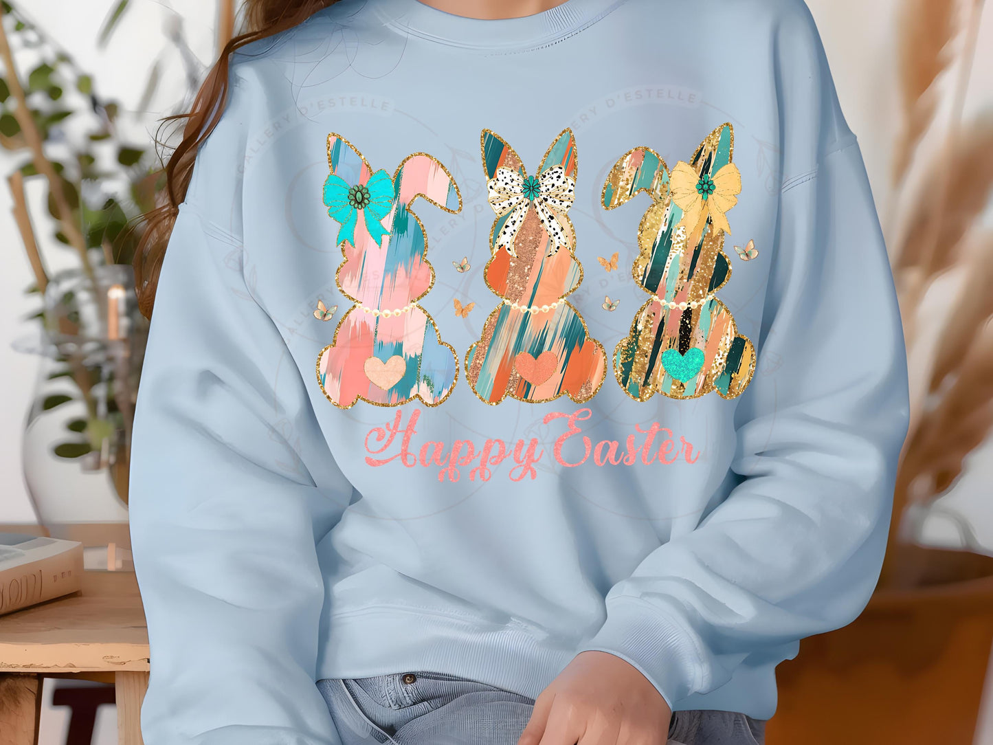 Coquette Easter Bunnies PNG, Gold Pink Brushstroke Art, Happy Easter Graphic, Trendy Country Shirt Design