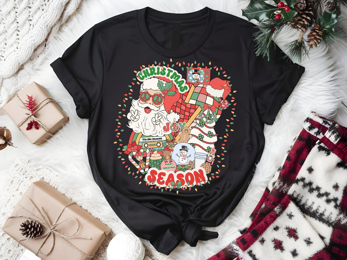 Retro Christmas Season PNG, Groovy Vintage Holiday Elements Collage, Festive Santa Shirt Design