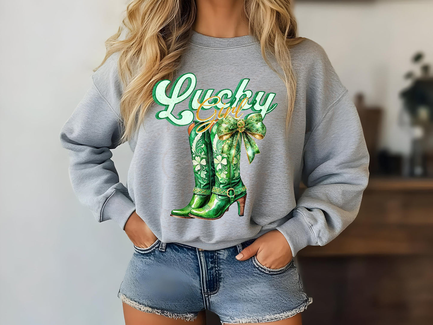 Lucky Girl Western PNG, Retro Cowgirl Boots Graphic, Coquette St.Patricks Day Country Shirt Design