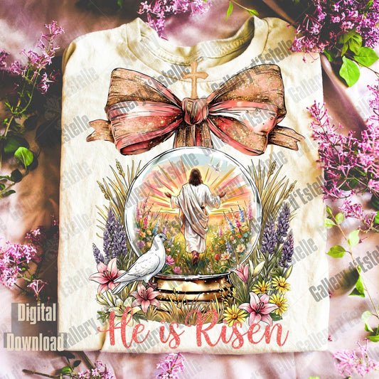 Product with a design of a dove, flowers, and a text 'He is Risen' on a floral background.