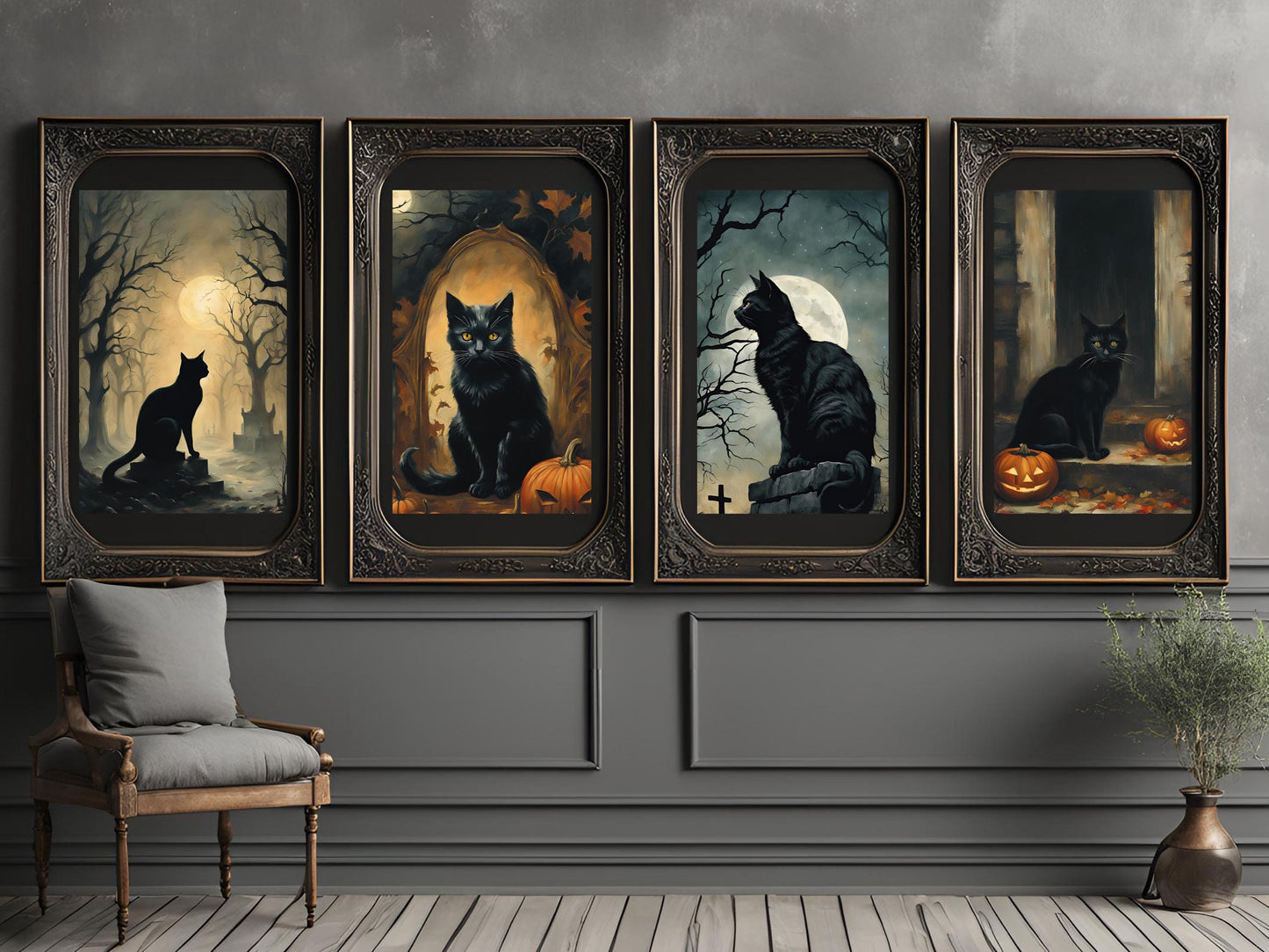 Haunted Black Cats Wall Art Set, Eerie Feline Dark Aesthetic Prints for Gothic Halloween Decor