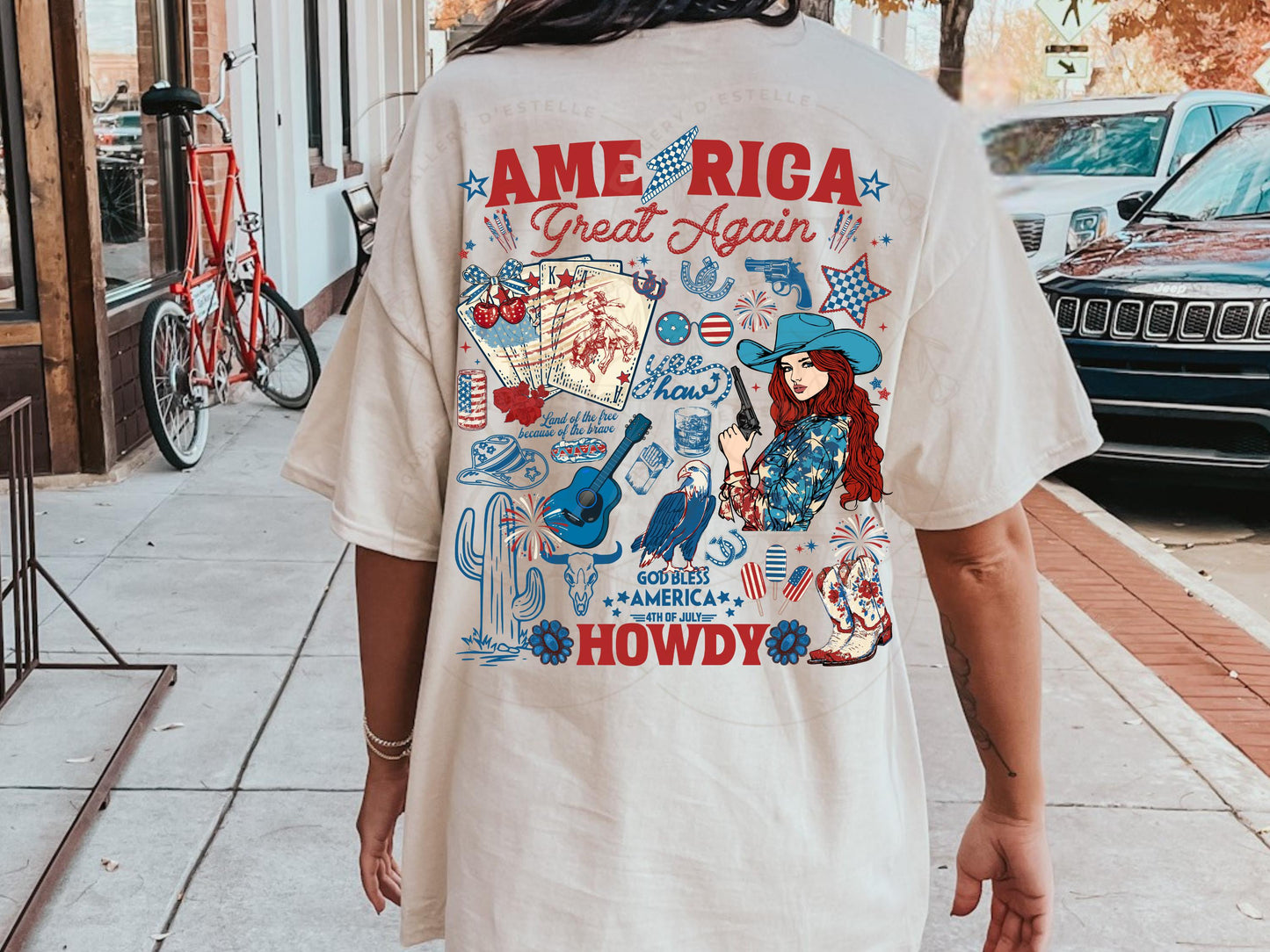 America Great Again PNG, Patriotic Cowgirl Collage, Western 4th of July Graphic, Trendy Checkered Country Shirt Design