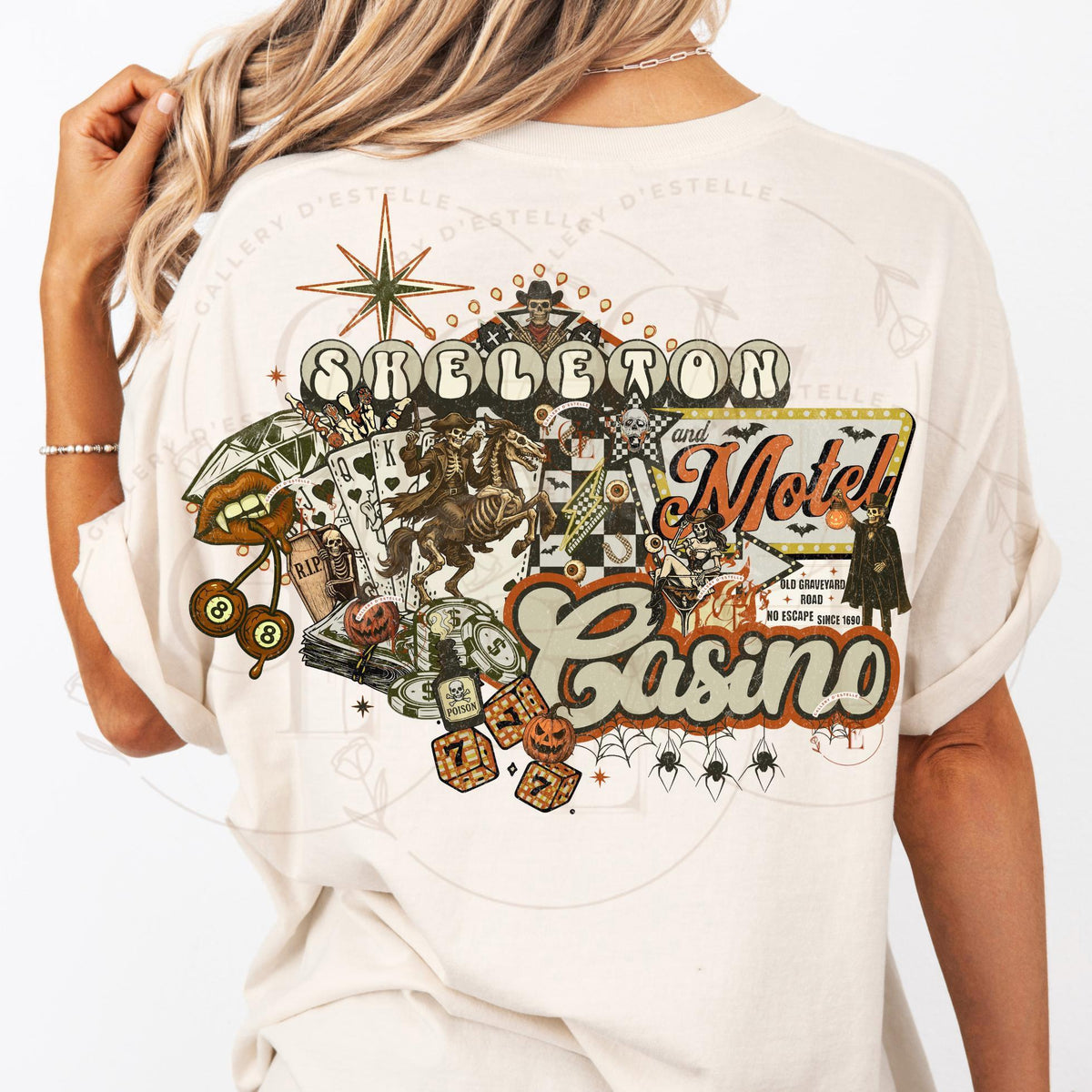 White t-shirt with a colorful graphic design on the back featuring text and images.
