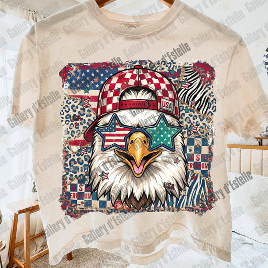 Retro American Eagle PNG, Preppy Patriotic Checkered Leopard Graphic, Trendy 4th of July Shirt Design