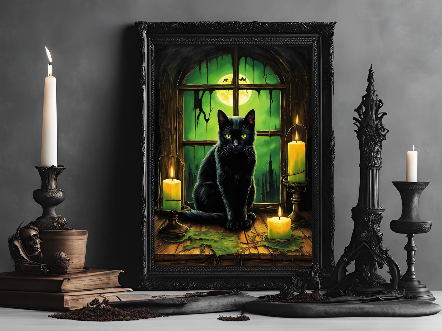 Black Cat Wall Art Print, Gothic Halloween Poster, Spooky Cat Decor, Dark Aesthetic Digital Art