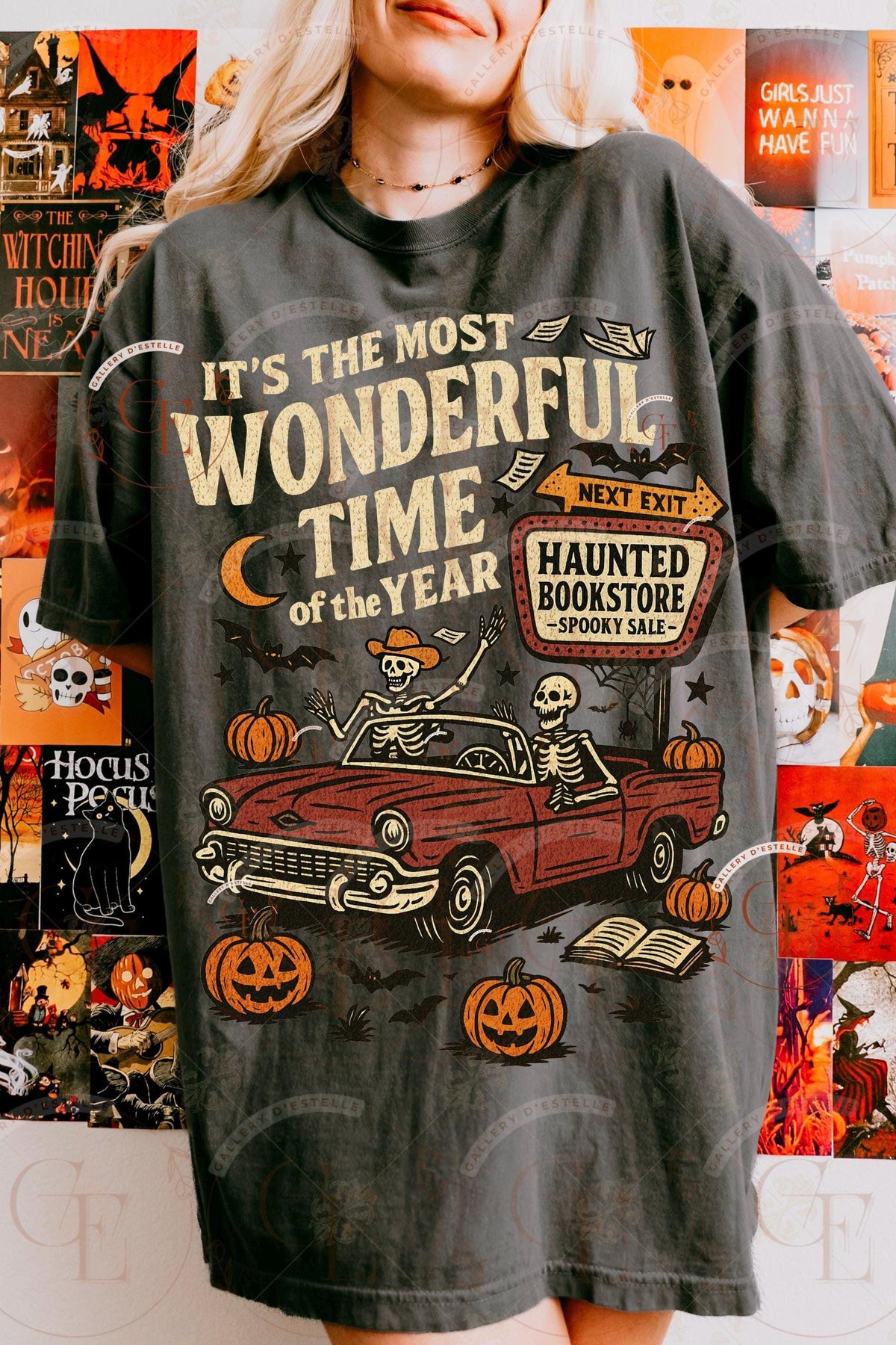 Person wearing a Halloween-themed t-shirt with a graphic of a red car and skeletons.