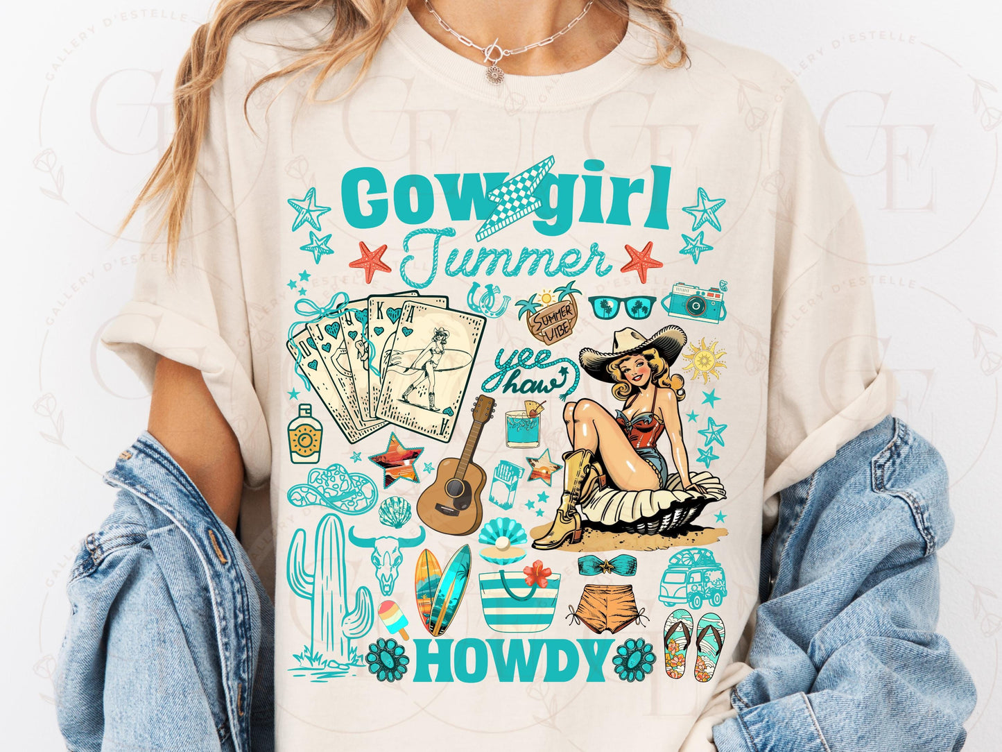 Cowgirl Summer Country PNG, Retro Western Coastal Girl Collage, Trendy Mermaid Summer Shirt Design