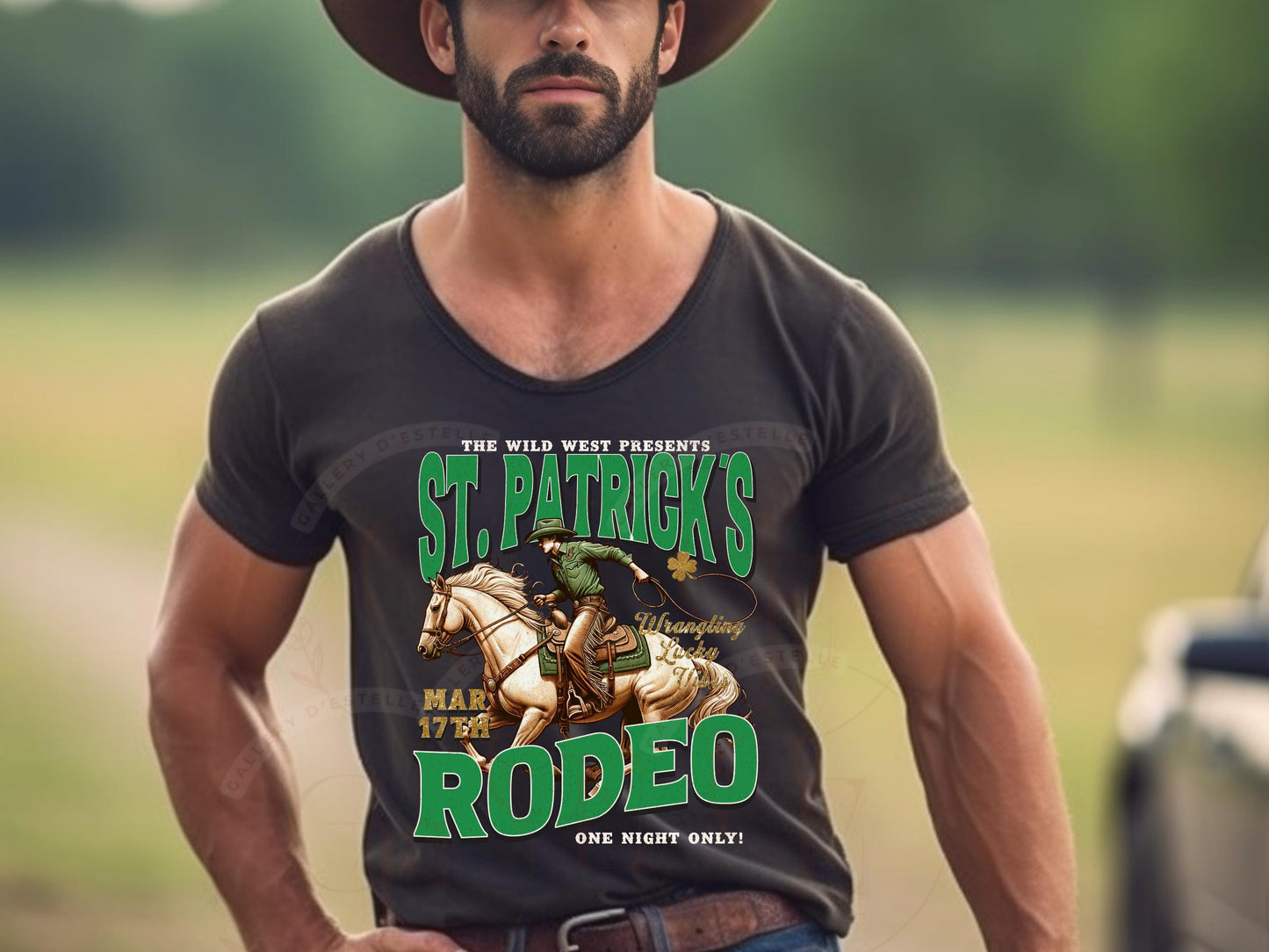 St. Patrick's Rodeo Western PNG, Vintage Lucky Cowboy Shamrock Graphic, Festive Country Shirt Design