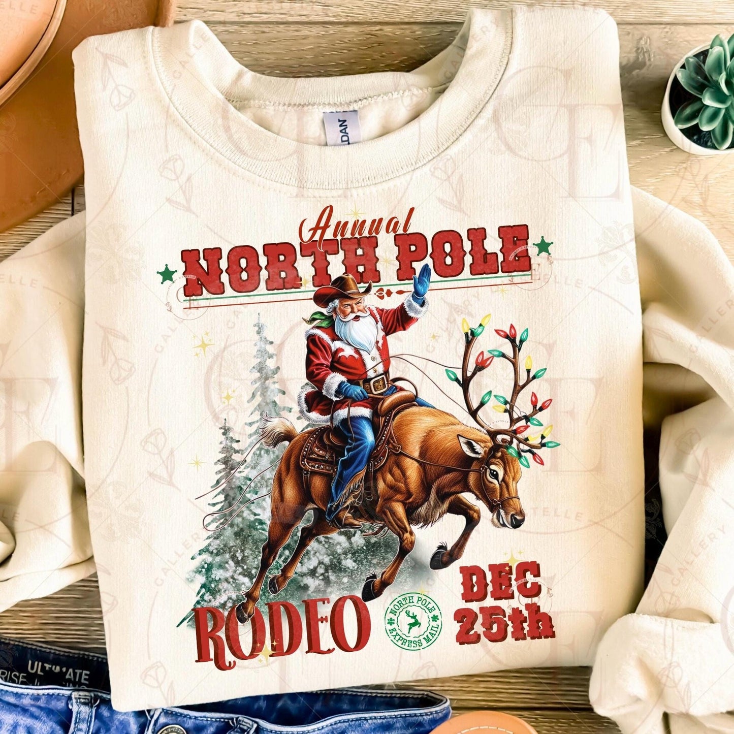 North Pole Rodeo Western PNG, Retro Santa Riding Reindeer Graphic, Vintage Cowboy Christmas Design, Trendy Holiday Country Shirt Sublimation
