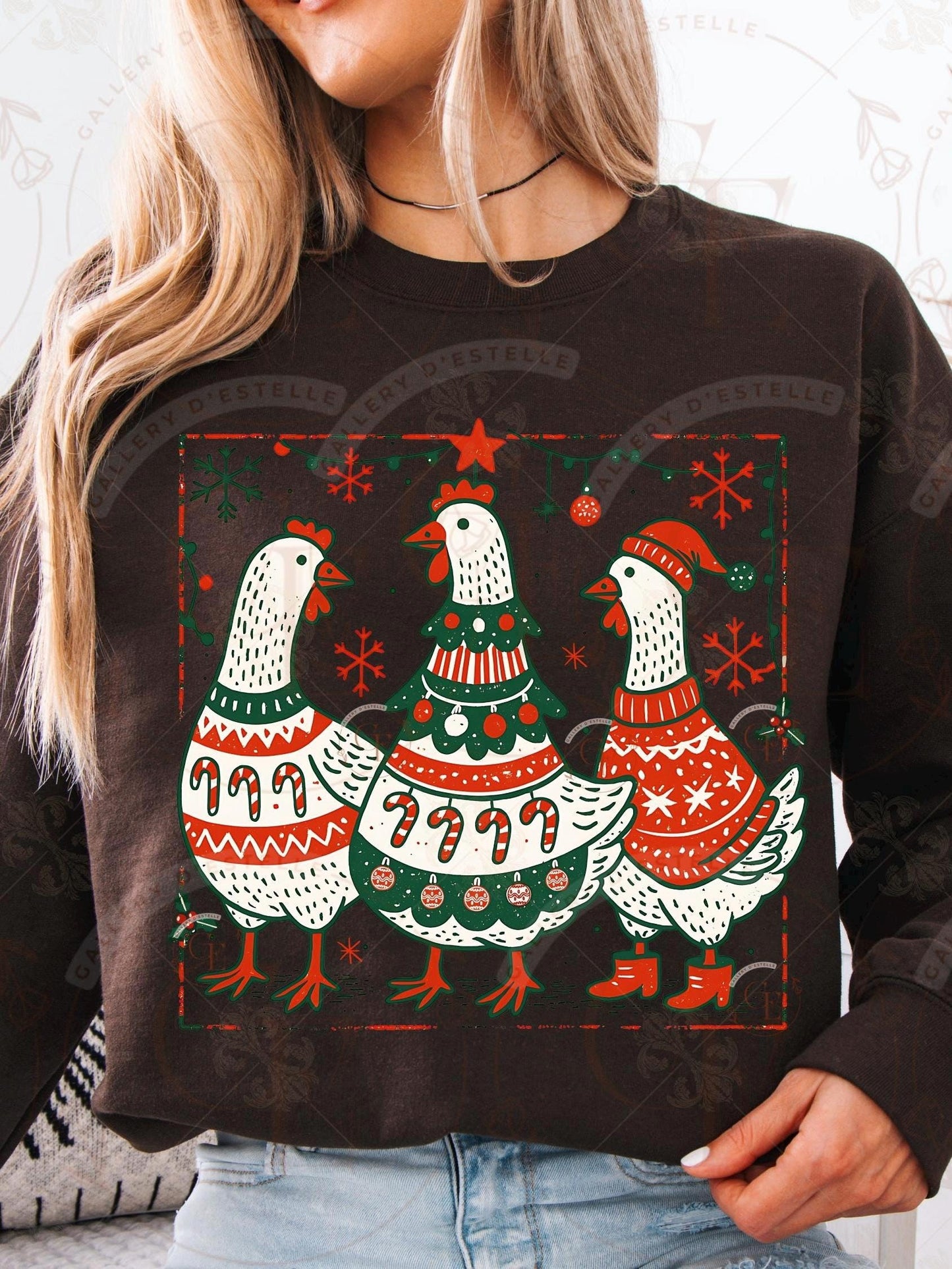 Boho Christmas Chickens PNG, Retro Festive Chicken Graphic, Vintage Farmhouse Holiday Sublimation, Coquette Chick Shirt Design