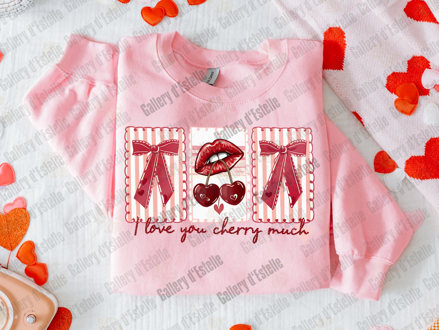 Love You Cherry Much PNG, Retro Cherry Lips Graphic, Coquette Valentine Stamp Collage, Trendy Pink Bow Shirt Design